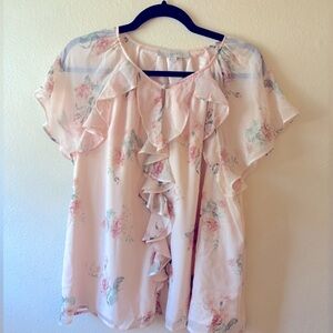 LOFT Blush Floral Ruffle Blouse